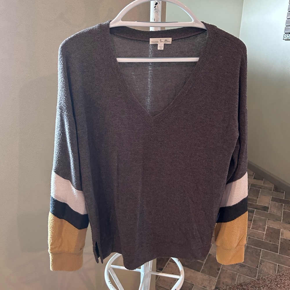 Brown V-Neck Sweater with Color Block Sleeves
